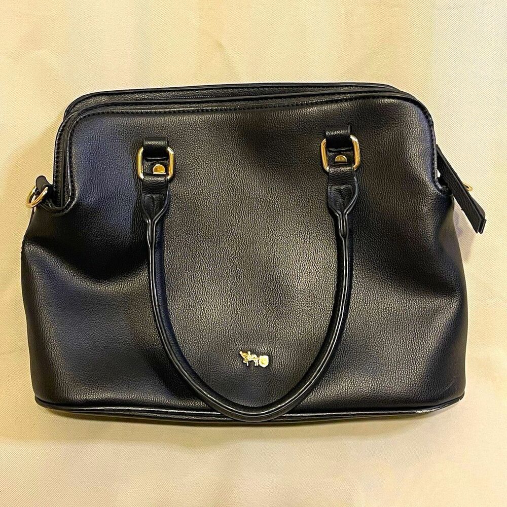 Matthew Julian Black Medium Satchel Top Handle, Striped Lining, Detachable Strap